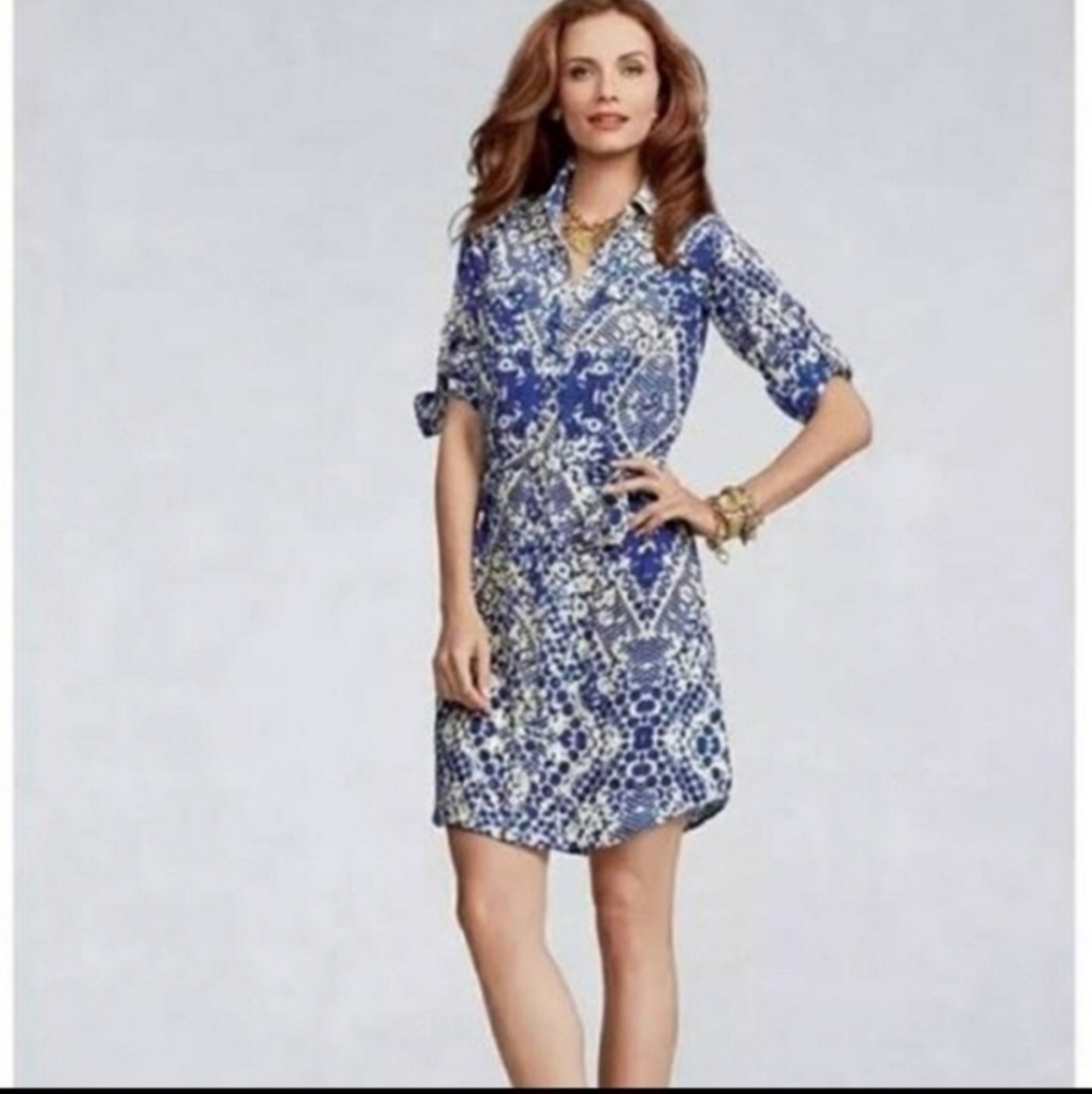 CAbi 422 Blue Cream Jewel Shirt Dress Women's Small S Rolltab Sleeve Knee Length
